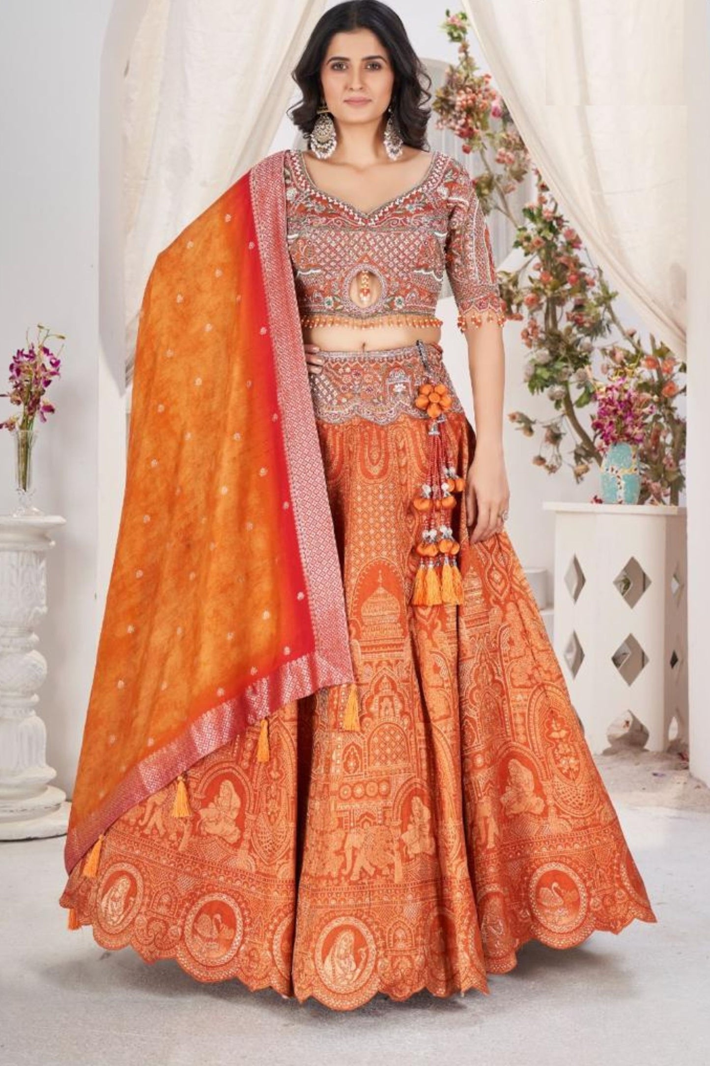 Designers Indian wedding Wear with Jacquard Lehenga Choli, Designer Blouse Piece With Silk Dupatta Dupatta - Marriott Fashion