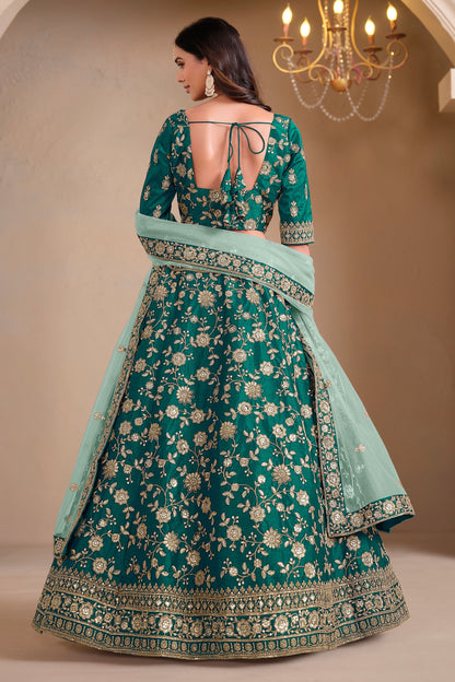 Green  Designer Art Silk Lehenga Choli with Soft Net Dupatta For Wedding & Festival Wear - Embroidery & Sequence Work Lehenga Choli