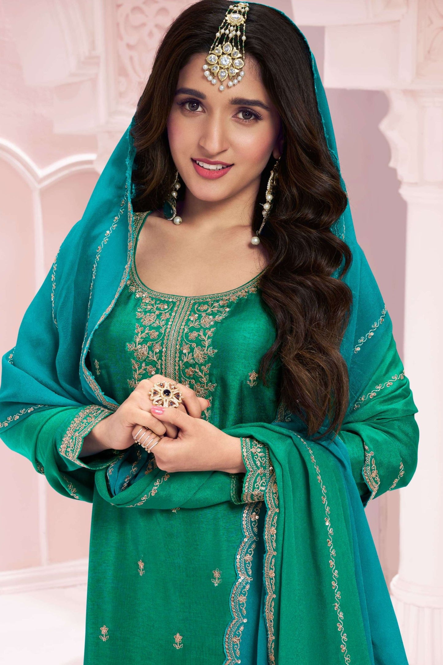 Green Heavy Vichitra Silk Sequence Worked Wedding Function Wear Salwar Kameez