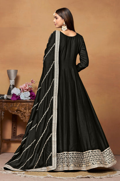 Attractive Black Colored Art Silk Anarkali Gown Suit With Designer Dupatta - Marriott Fashion