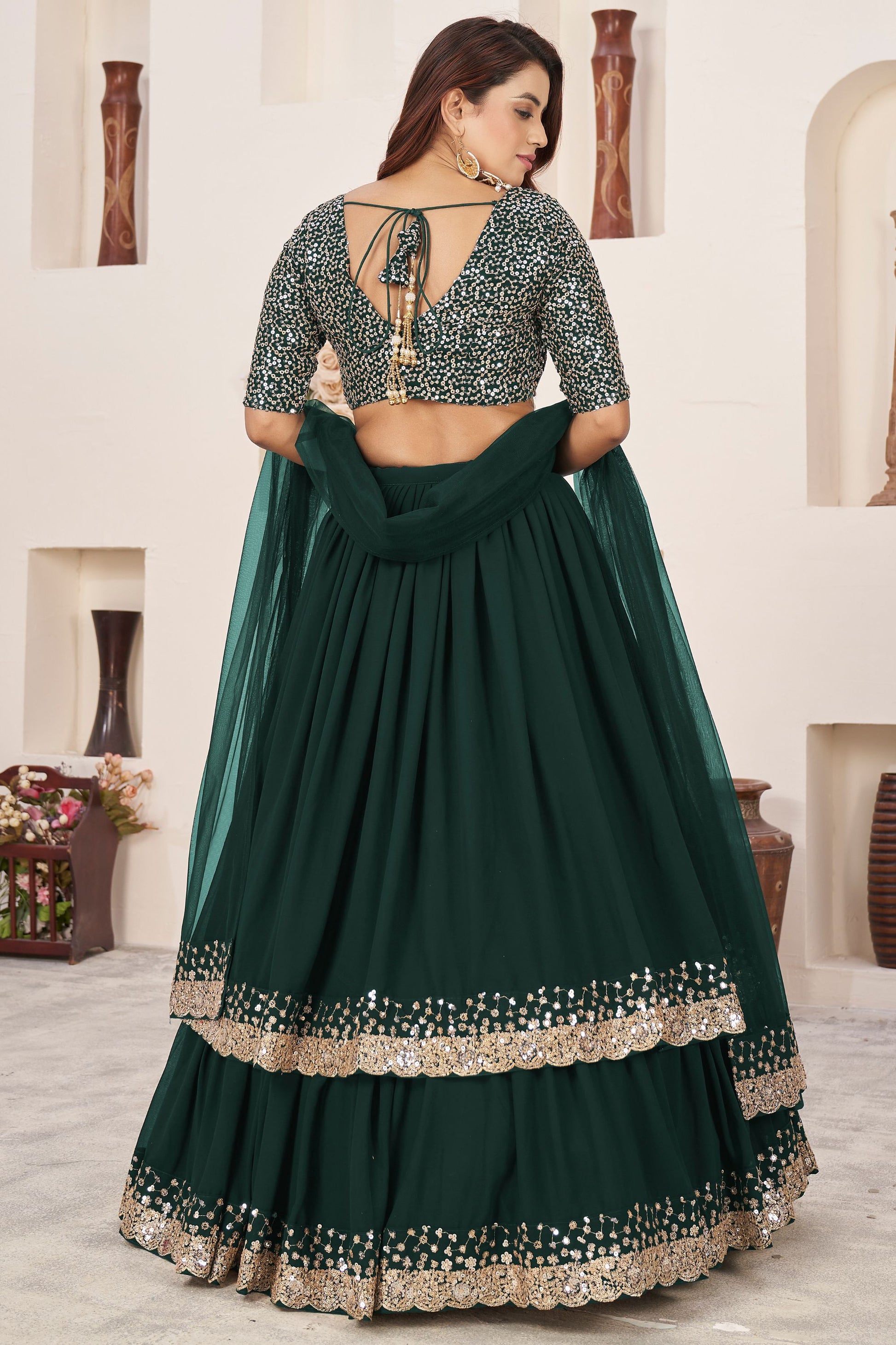 Green Colored Georgette Lehenga Choli With Designer Net Dupatta for Indian wedding & Festival wear Outfit - Marriott Fashion