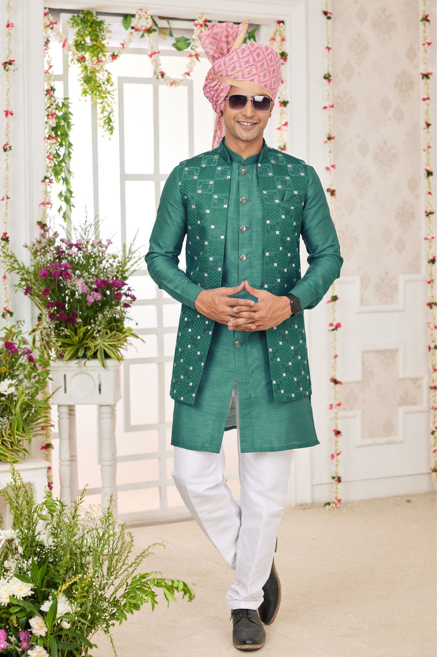 Men’s Wear Art Silk Kurta Pajama Set With Printed Worked Jacket , Wedding & Function Wear Ready Made Kurta Pajama - Marriott Fashion