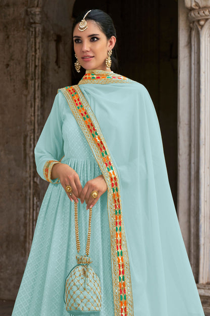 Gorgeous Sky Blue Real Georgette Heavy Embroidery Worked Festival Wear Anarkali Gown