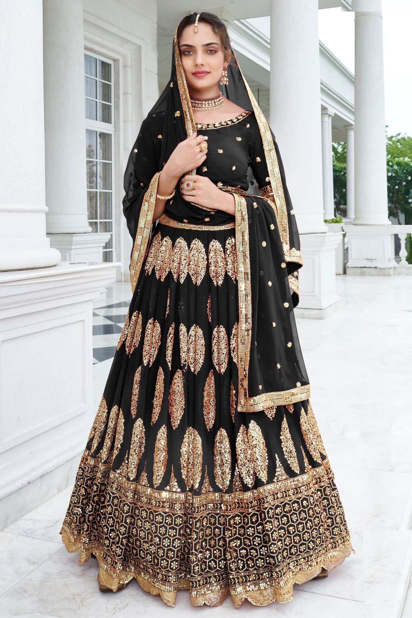 Black Heavy Georgette Sequence Worked For Indian Wedding & Festival Wear Lehenga Choli