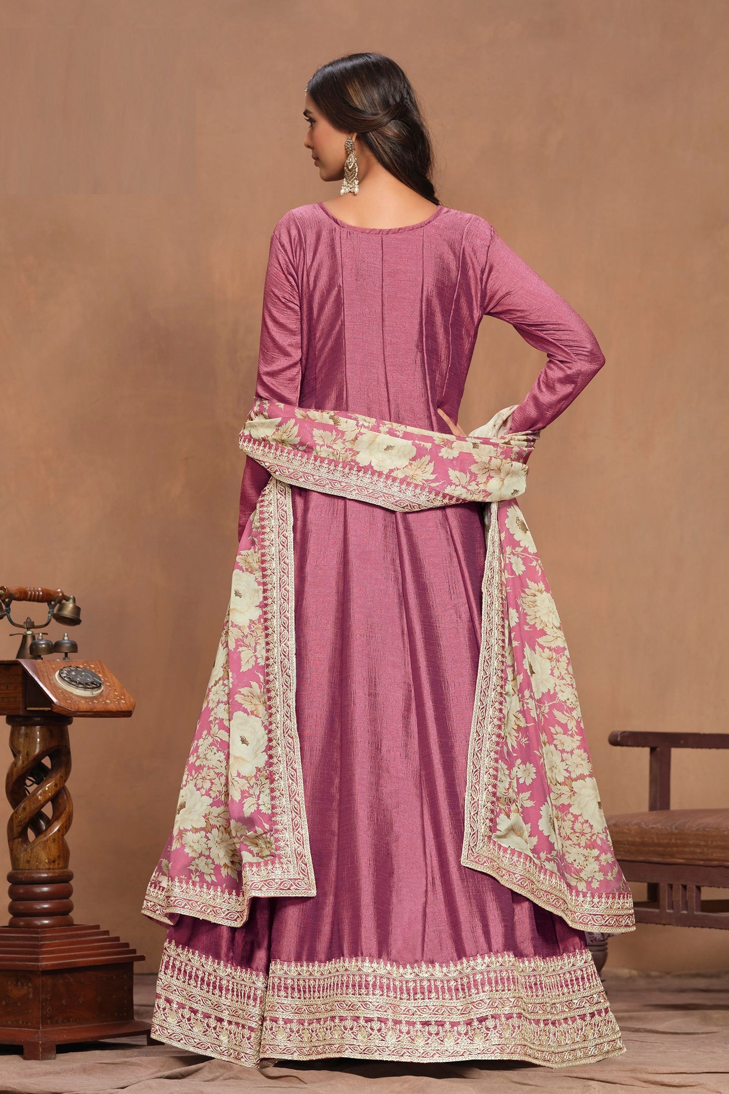 Pink Colored Art Silk Anarkali Gown Suits, Santool Bottom With Organza Printed Dupatta