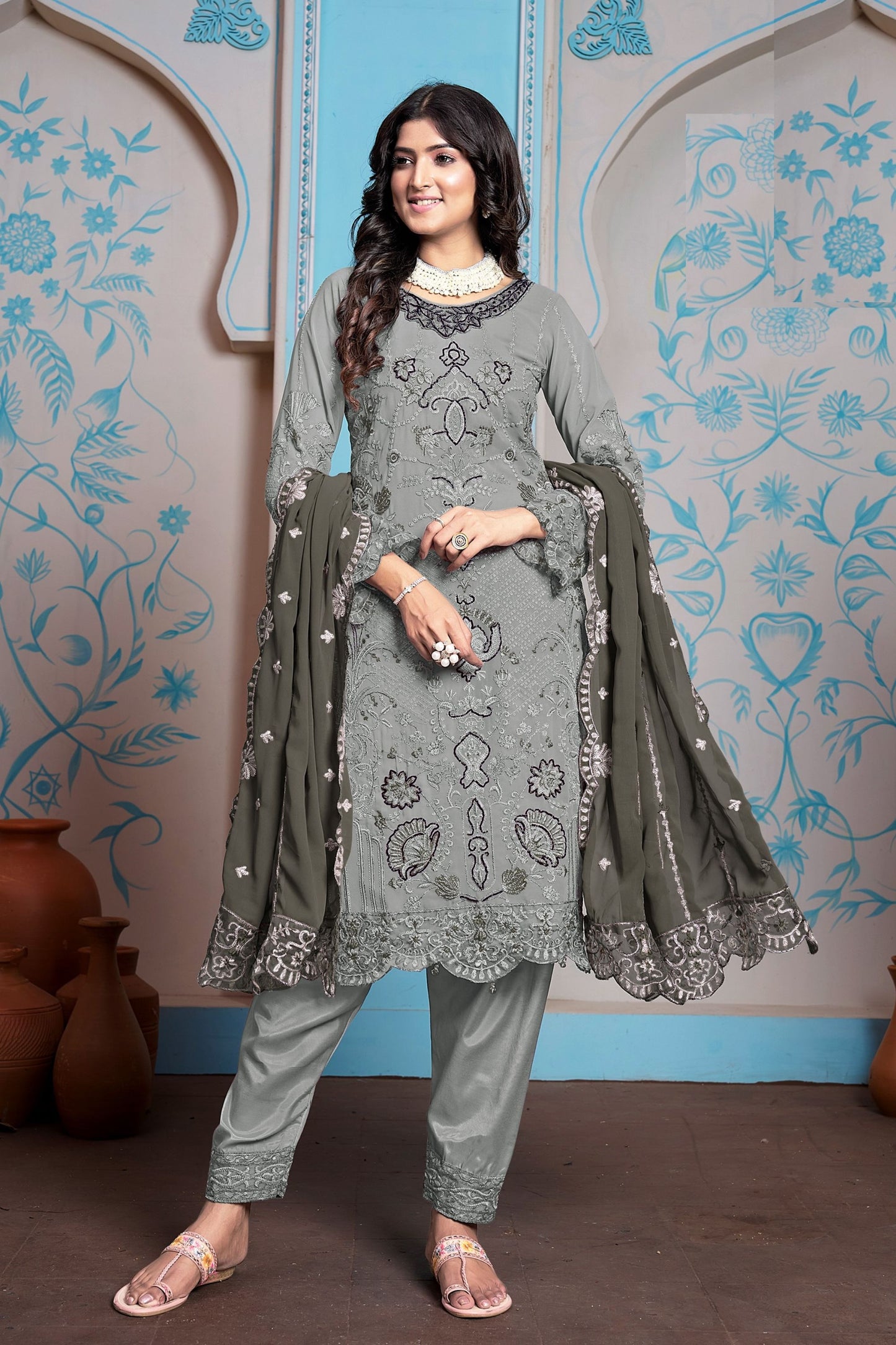 Purple Colored Heavy Faux Georgette Salwar Kameez, Dull Santoon Bottom With Designer Dupatta - Marriott Fashion