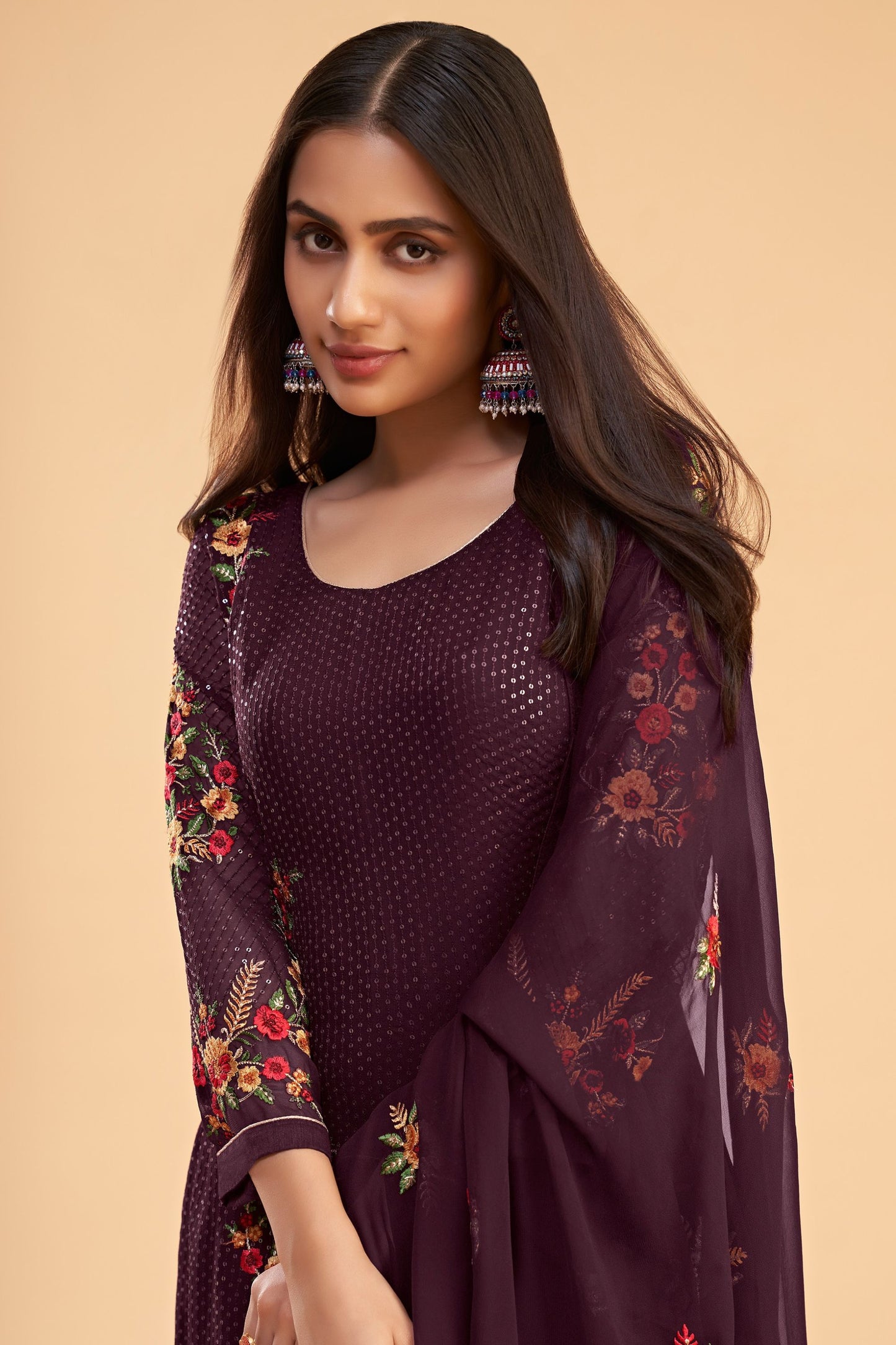 Wine Georgette Multi Thread Worked Festival Wear Salwar Kameez