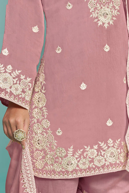 Pink Colored Roman Silk Salwar Kameez With Heavy Organza Dupatta, Festival Wear Sharara Suits For Women - Marriott Fashion