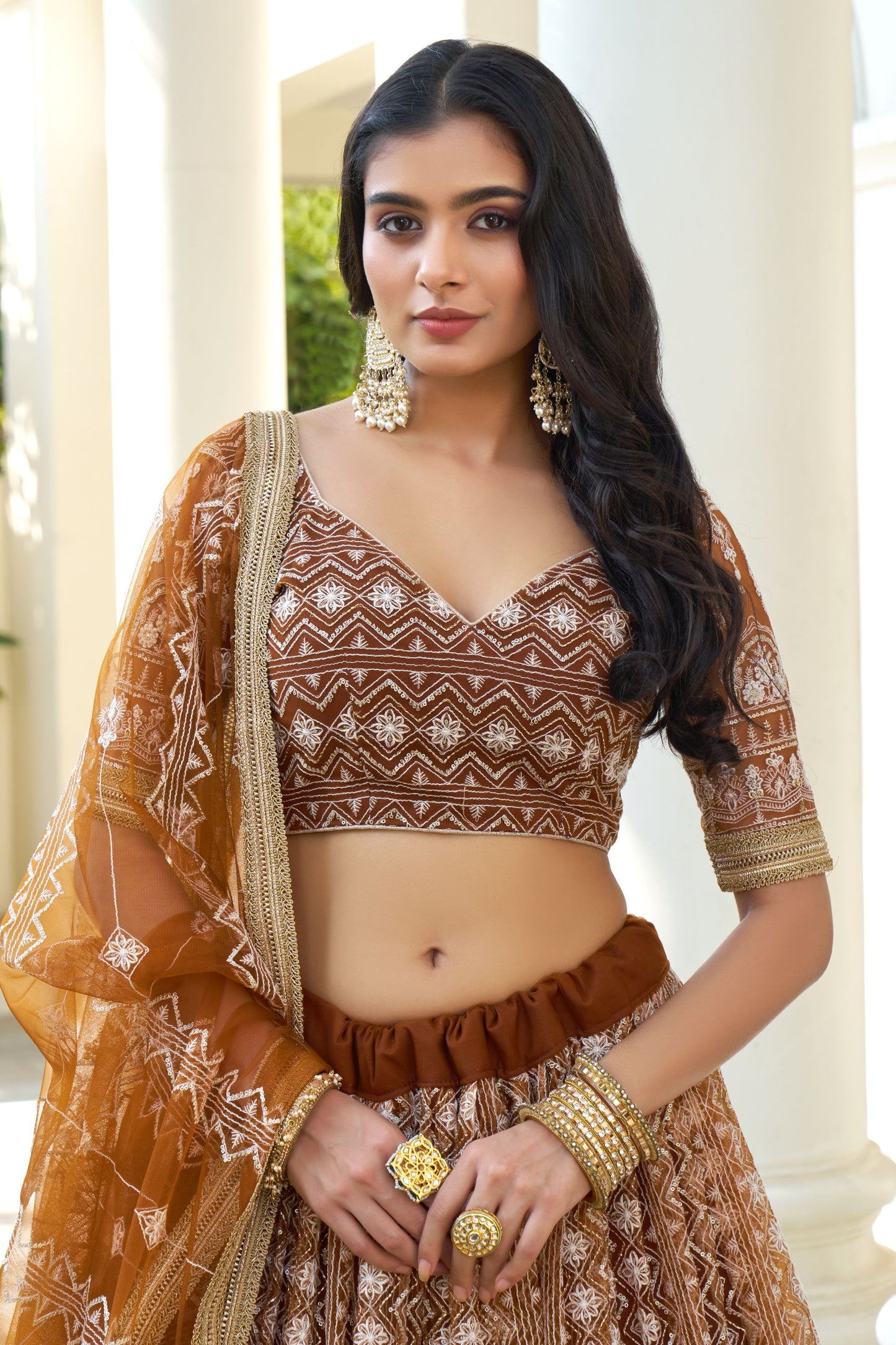 Engagement Wear Brown Colored Butterfly Net Lehenga With Dupatta, Embroidery & Thread Worked Lehenga Choli - Marriott Fashion