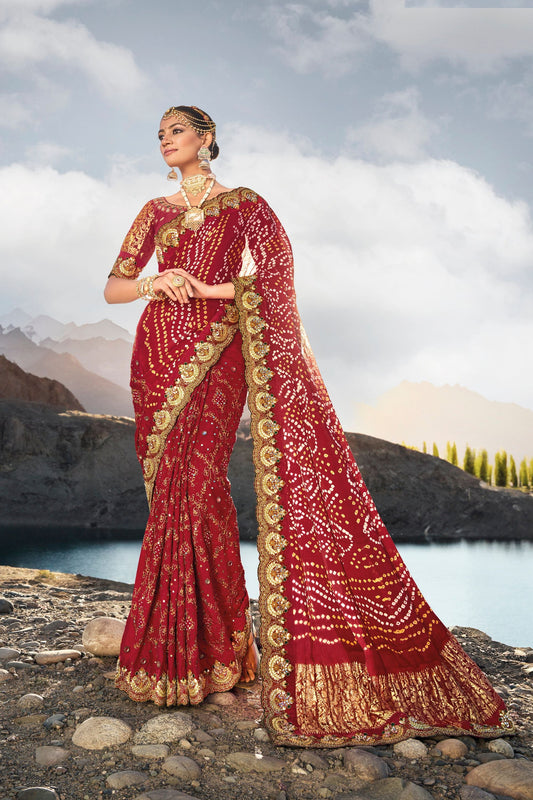 Marron Gajji Silk Heavy Embroidery Worked Indian Wedding & Festival Wear Saree