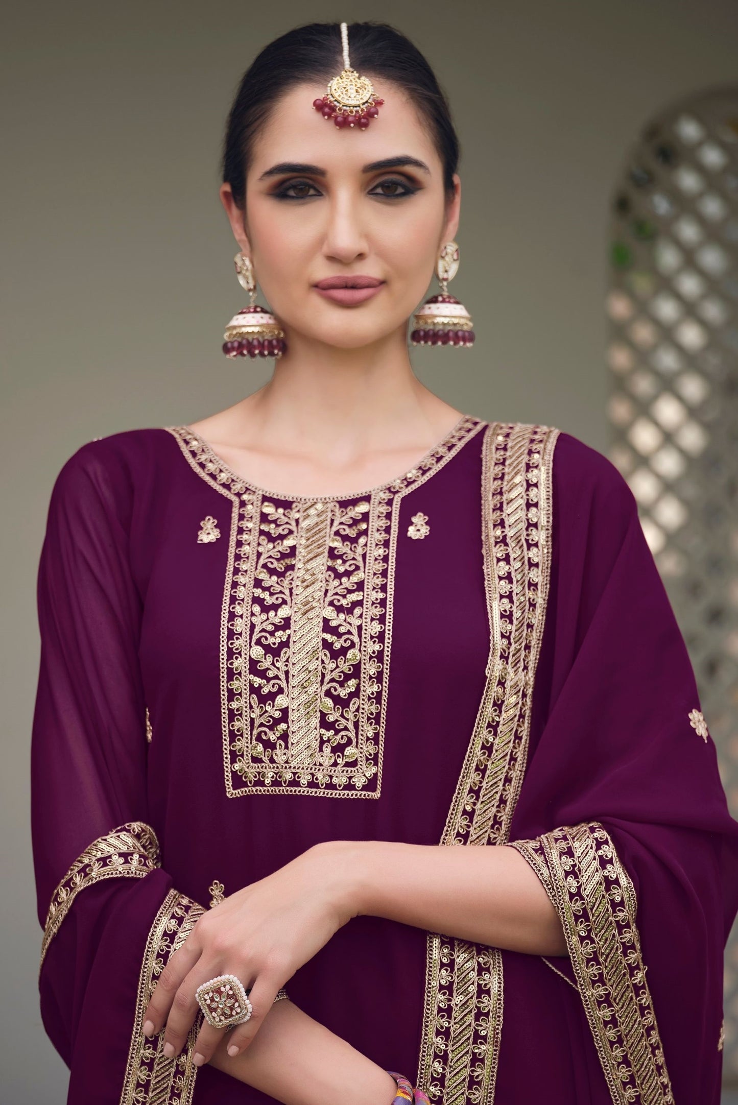 Purple Real Georgette Palazzo Suit for Indian Festival Wear With Embroidered Dupatta, Designer Salwar Kameez - Marriott Fashion