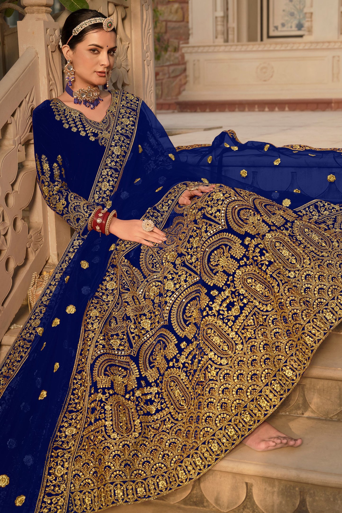 Blue 9000 Velvet Embroidery Worked Wedding Reception Party Wear Anarkali Gown