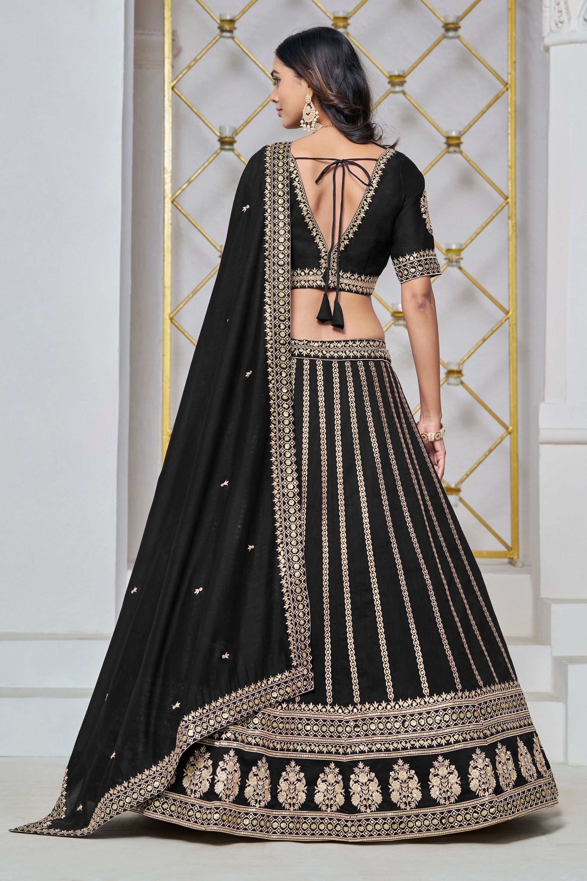 Black Colored Art Silk Lehenga Choli With Embroidered Dupatta for Indian Wedding & Festival Wear - Marriott Fashion