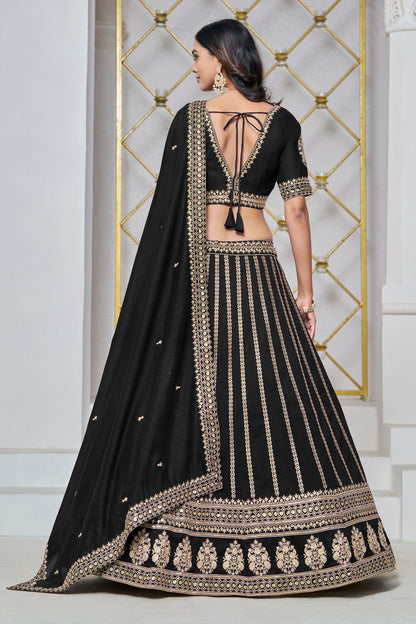 Black Colored Art Silk Lehenga Choli With Embroidered Dupatta for Indian Wedding & Festival Wear - Marriott Fashion