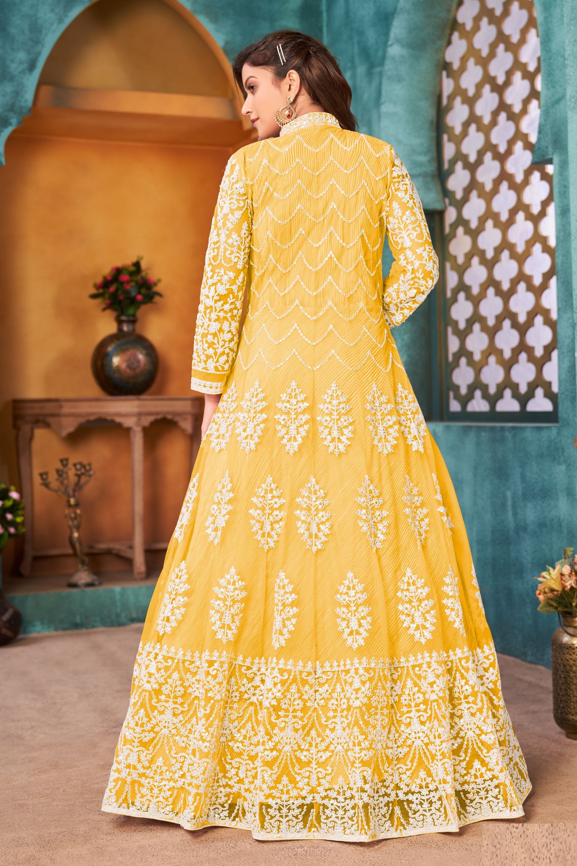 Yellow Heavy Net Thread & Embroidery Work Santool Bottom For Indian Wedding & Festival Wear Anarkali Gown - Marriott Fashion