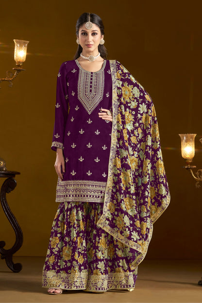 Purple Most Beautiful Chinon Palazzo Suits With Dupatta, Indian festival Wear Embroidery Worked Salwar kameez