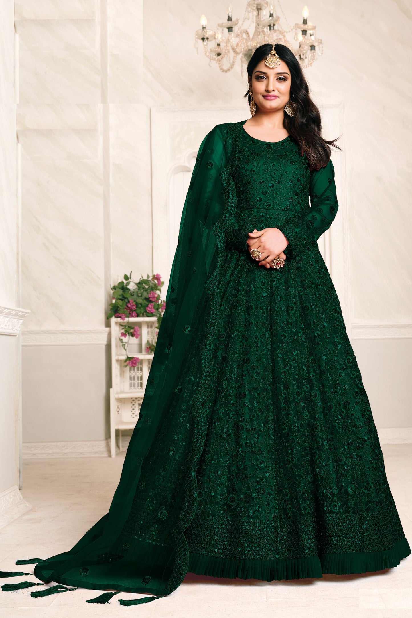 Attractive Green Heavy Net Embroidery Worked Wedding & Festival Wear Anarkali Gown