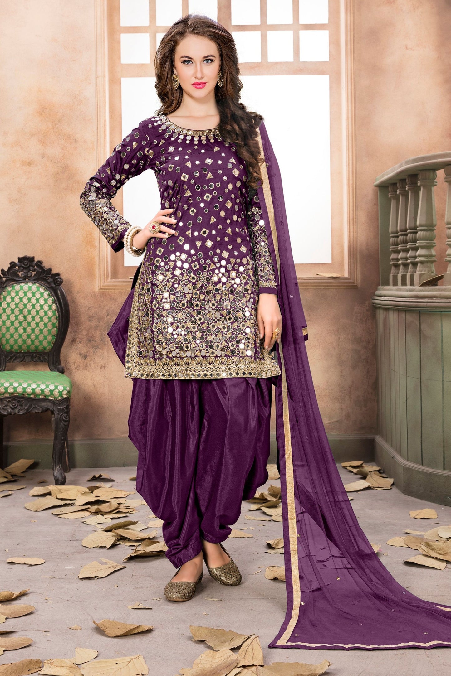 Blue Colored Taffeta Silk Patiyala Suits With Designer Net Dupatta, Heavy Mirror Worked Punjabi Dresses - Marriott Fashion