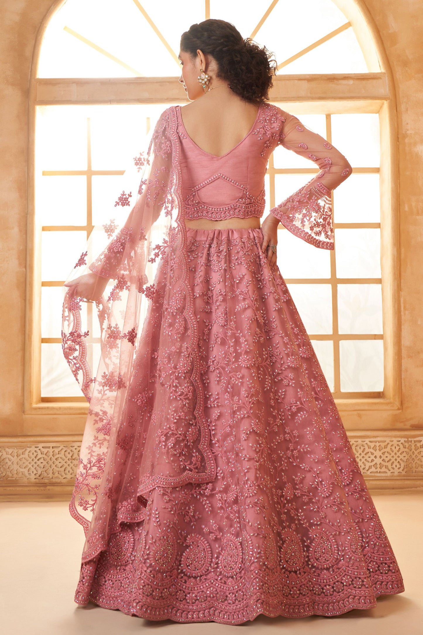 Pink Colored Heavy Net Lehenga Choli With Embroidery Worked Dupatta, Engagement Wear Lehenga Choli - Marriott Fashion