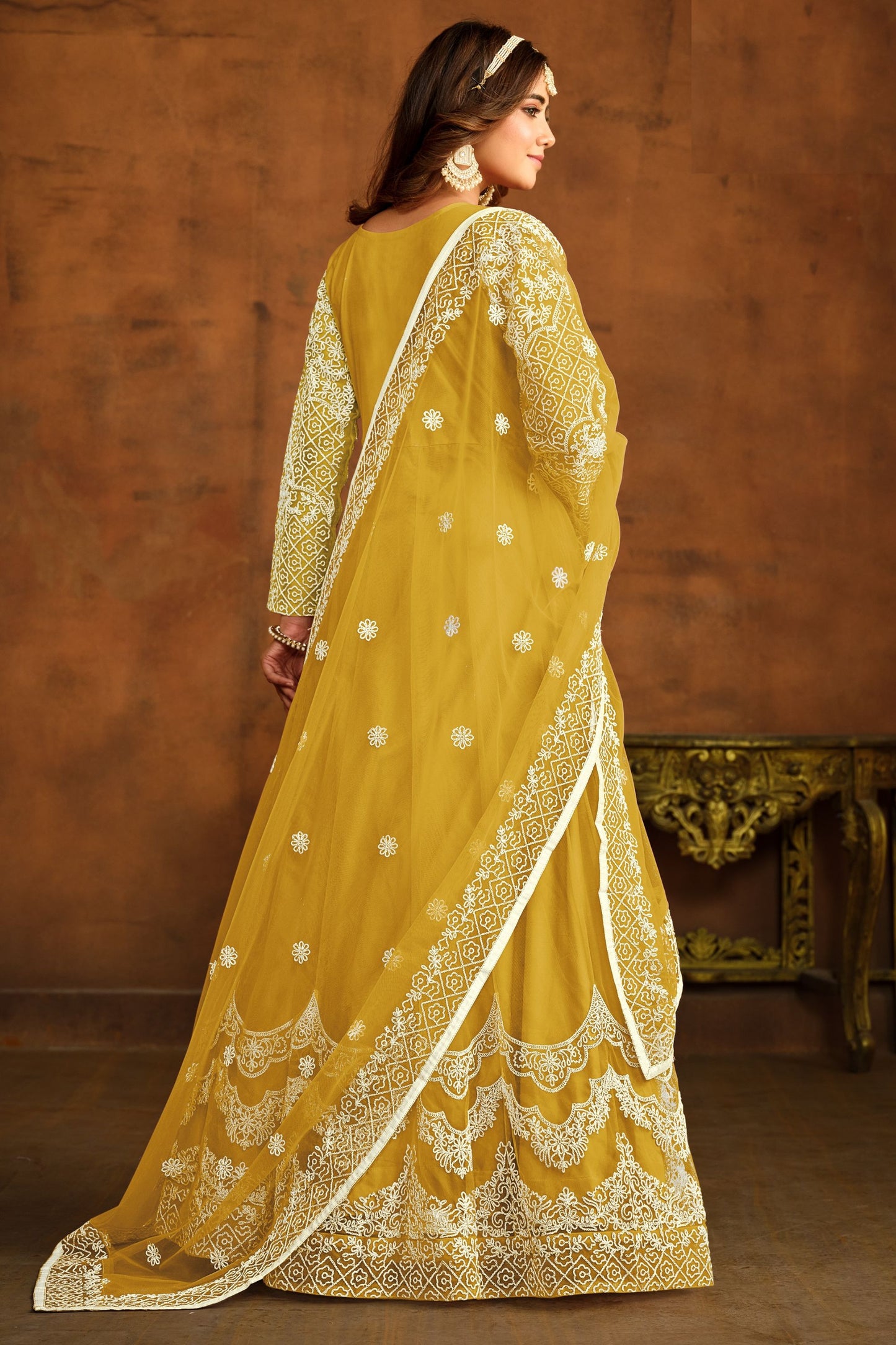 Yellow Heavy Net Embroidery Worked Wedding & Function Wear Anarkali Gown