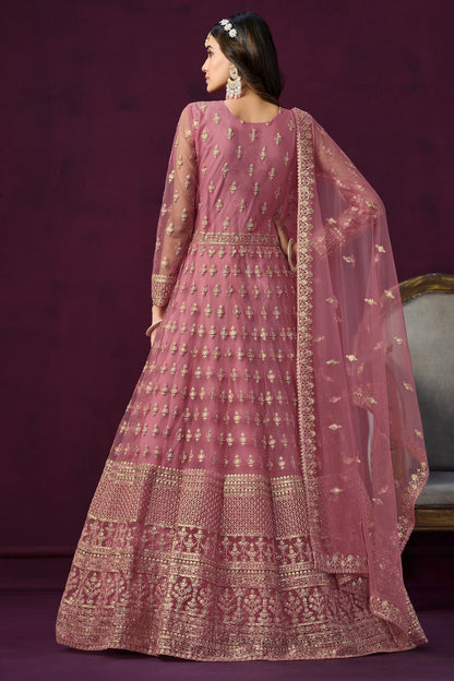 Pink Fancy Net Embroidered For Indian Wedding And Festival Wear Anarkali Gown