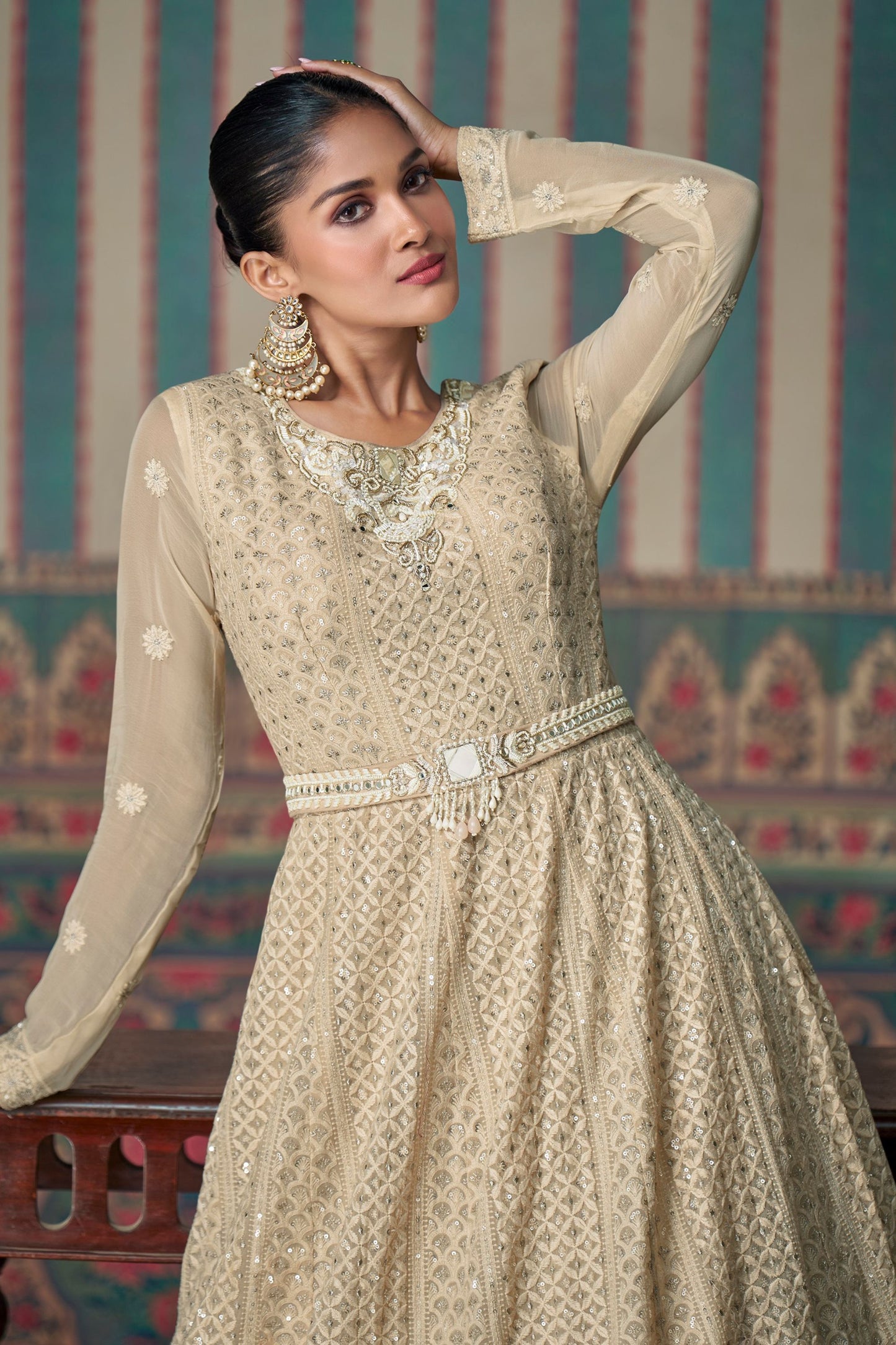 Cream Real Georgette Heavy Sequence Worked Indian Wedding & Festival Wear Anarkali Gown