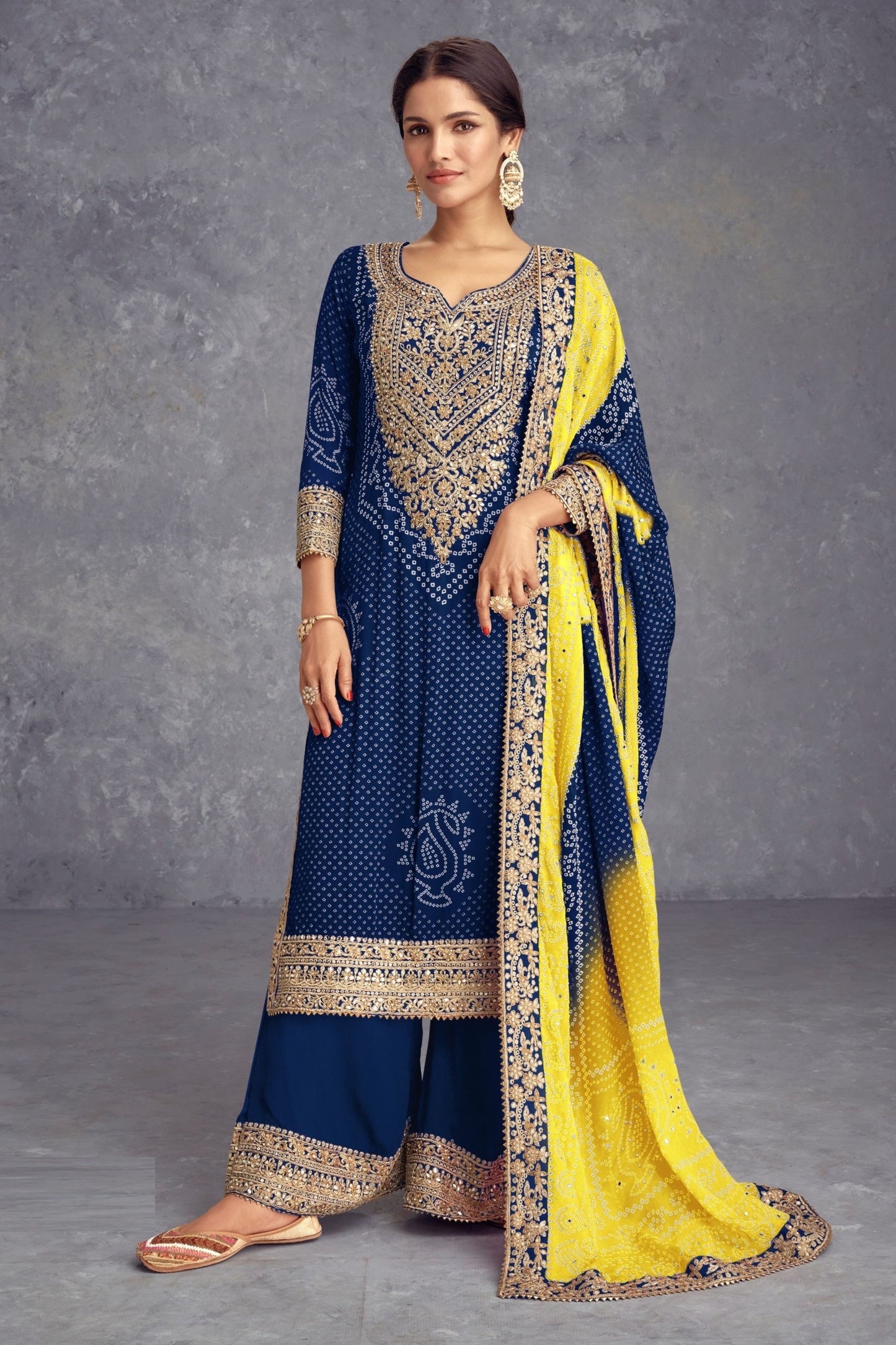 Designer Bandhej Printed Heavy Chinon Silk Salwar Kameez With Designer Palazzo & Embroidery Worked DupattaMost Beautiful Digital Printed Heavy Chinon Sharara Suit With Butterfly Net Dupatta, Indian Festival Wear Ready Made Salwar Suits For Women - Marriott Fashion