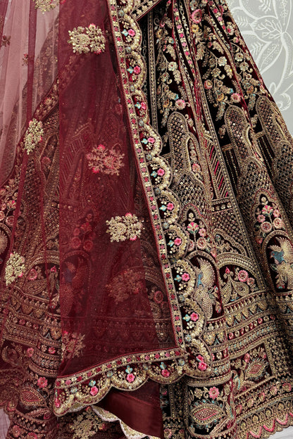 Marron Heavy Velvet Thread & Diamond Worked Indian Wedding Wear Lehenga Choli