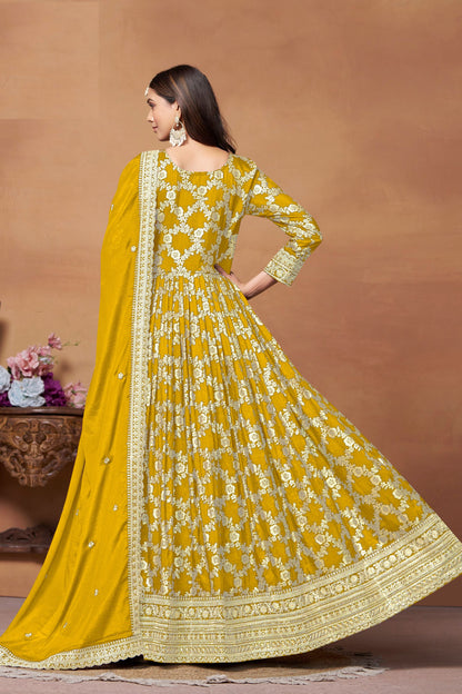 Yellow Dola Jacquard Silk Thread & Embroidery Work For Indian Wedding & Festival wear Anarkali Suit