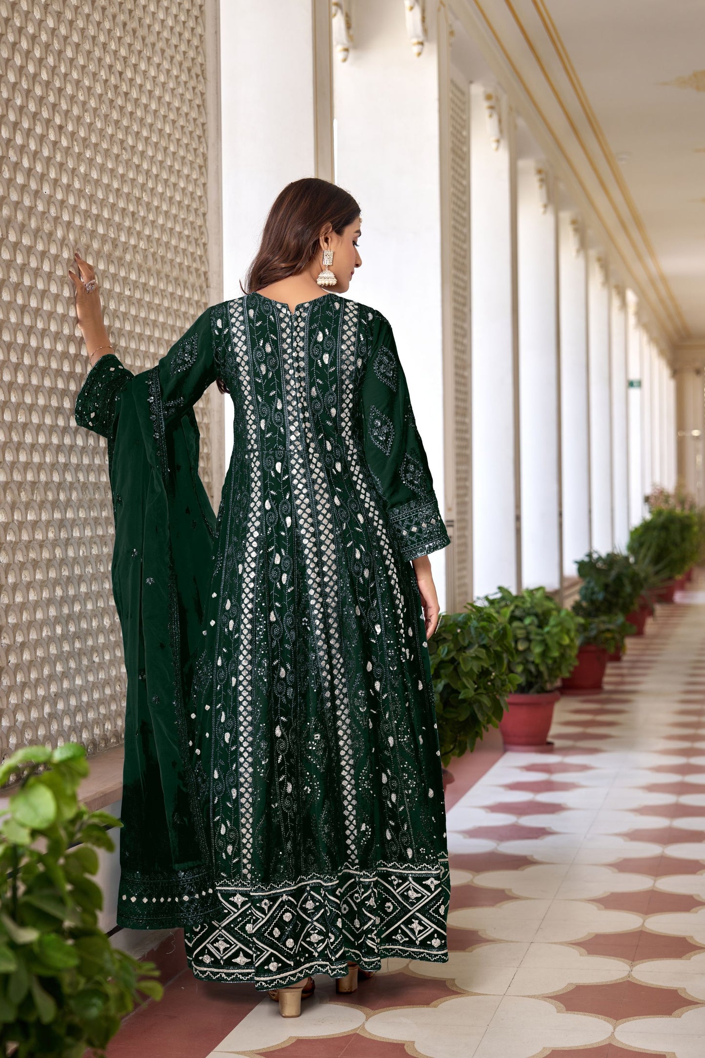 Mehendi Green Colored Georgette Anarkali Gown Suit With Embroidery Worked Organza Dupatta - Marriott Fashion