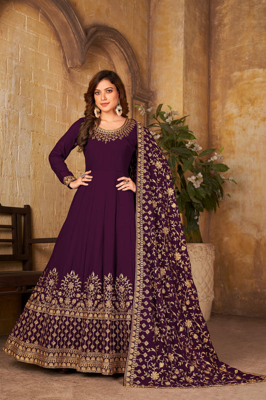 Purple Heavy Georgette Embroidery Worked Wedding & Festival Wear Anarkali Gown