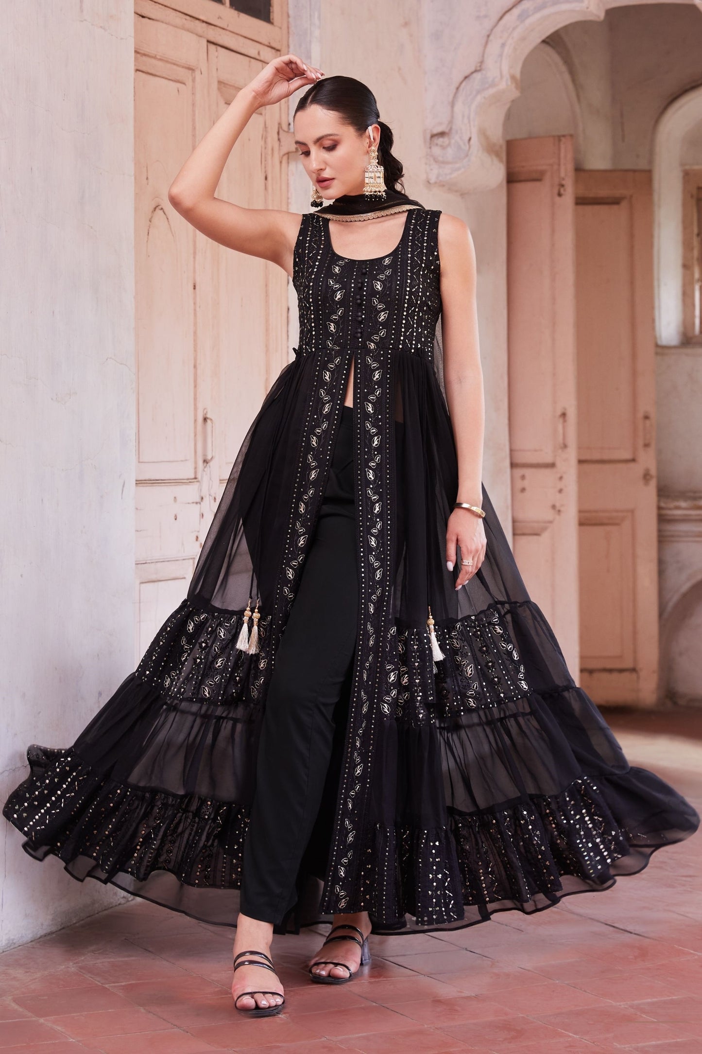 Black Long Designer Georgette Anarkali with Front Slit and Pant For Indian Festivals & Weddings - Thread & Sequence Embroidery Work - Marriott Fashion