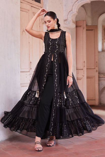 Black Long Designer Georgette Anarkali with Front Slit and Pant For Indian Festivals & Weddings - Thread & Sequence Embroidery Work - Marriott Fashion