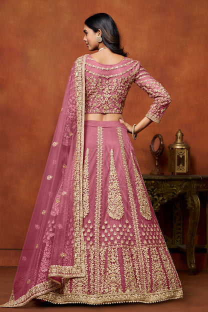 Pink Colored Heavy Net Lehenga Choli Embroidery Worked Dupatta For Indian Wedding Festival Wear - Marriott Fashion