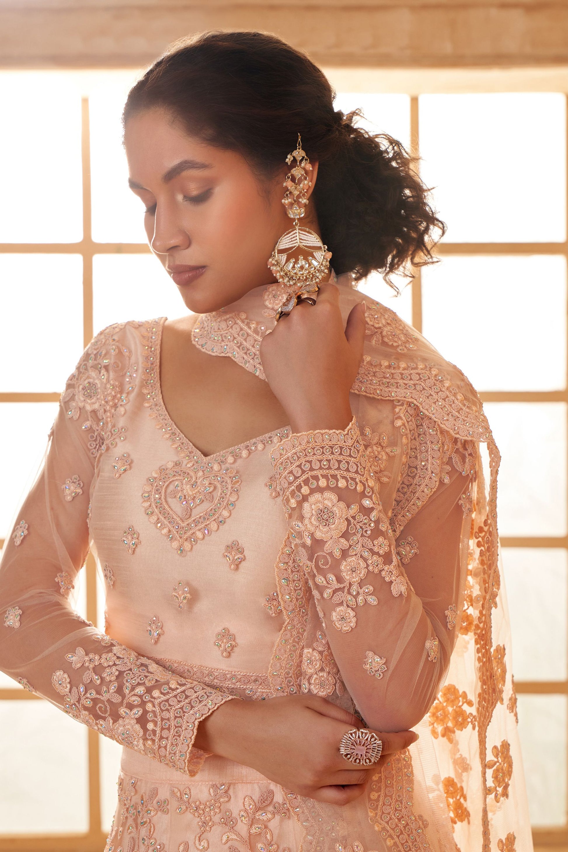 Peach Designer Heavy Net Lehenga Choli With Beautiful Embroidered Dupatta - Marriott Fashion