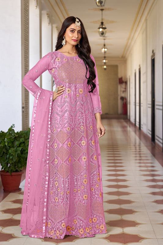 Pink Colored Butterfly Net Anarkali Gown Suit, Satin Bottom With Designer Dupatta - Marriott Fashion