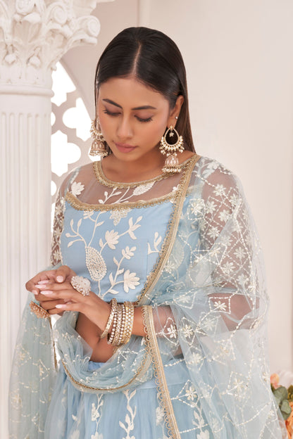 Sky Blue Butterfly Net Embroidery And Thread Worked Wedding Wear Lehenga Choli