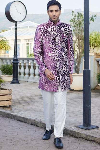 Grey Colored Heavy Velvet Indo Western With Art Silk Pajama, Engagement Wear Set - Marriott Fashion