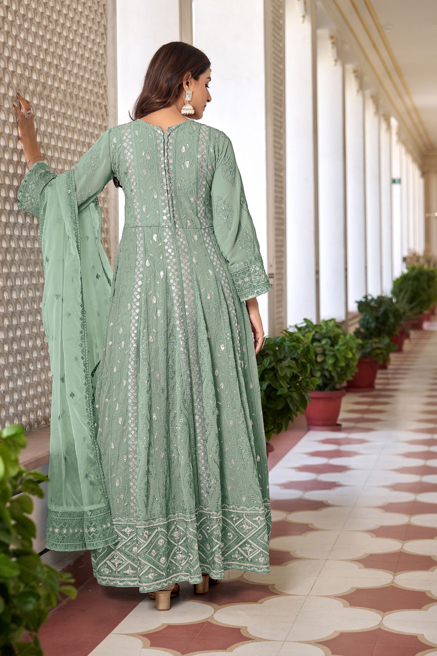 Green Colored Slit Georgette Anarkali Gown Suit With Organza Dupatta - Marriott Fashion