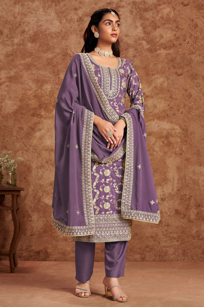 Purple Heavy Dola Silk Jacquard Embroidery Worked Festival Wear Salwar Kameez