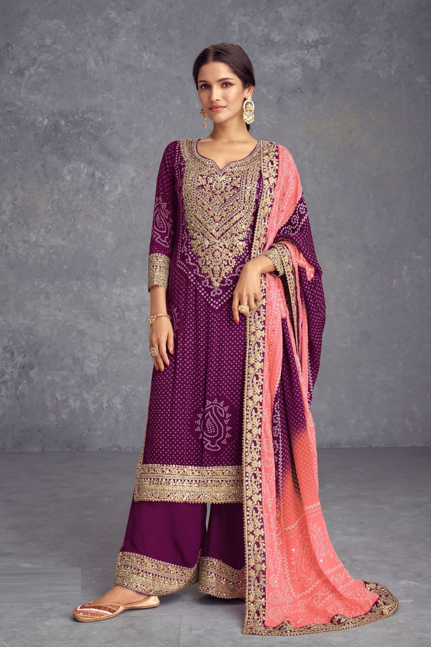 Designer Bandhej Printed Heavy Chinon Silk Salwar Kameez With Designer Palazzo & Embroidery Worked DupattaMost Beautiful Digital Printed Heavy Chinon Sharara Suit With Butterfly Net Dupatta, Indian Festival Wear Ready Made Salwar Suits For Women - Marriott Fashion