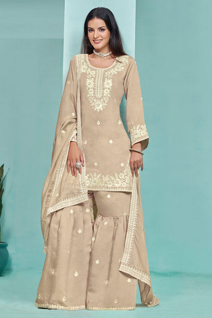 Beige Colored Heavy Silk Salwar Suits, Santool Bottom With Organza Dupatta - Marriott Fashion