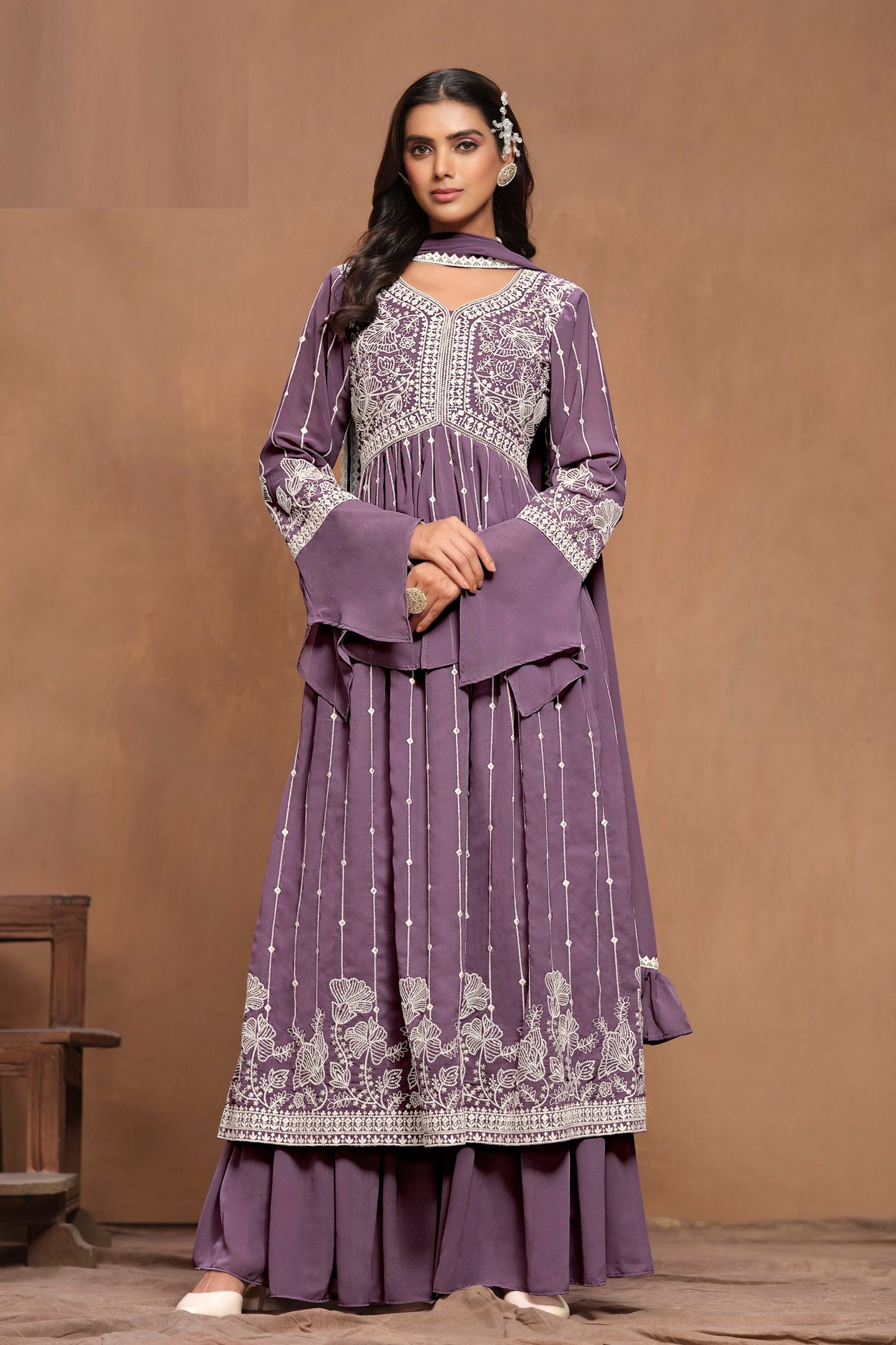 Purple Faux Georgette Embroidery Worked Wedding & Festival Wear Sharara Suits