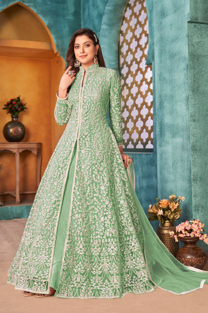 Pista Green Colored Silt Style Salwar Suits In Net With Dupatta, Indian Wedding &Function Wear Salwar Kameez - Marriott Fashion