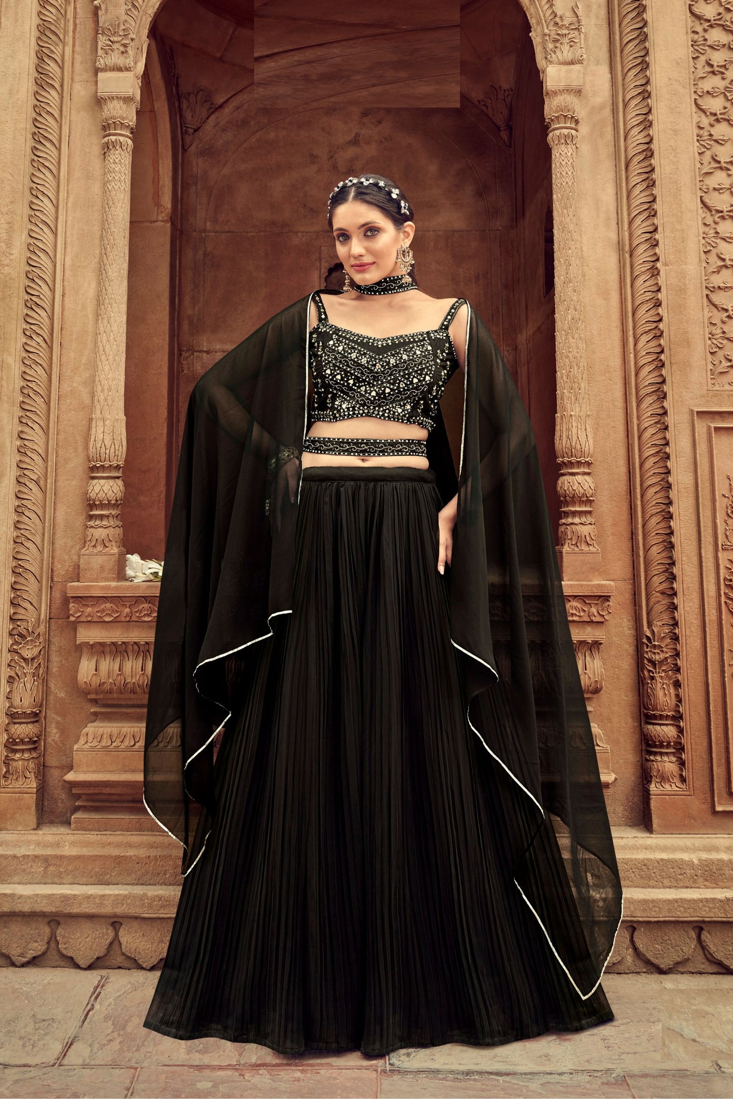 Black Faux Georgette Embroidery Worked Wedding Wear Ready Made Lehenga Choli