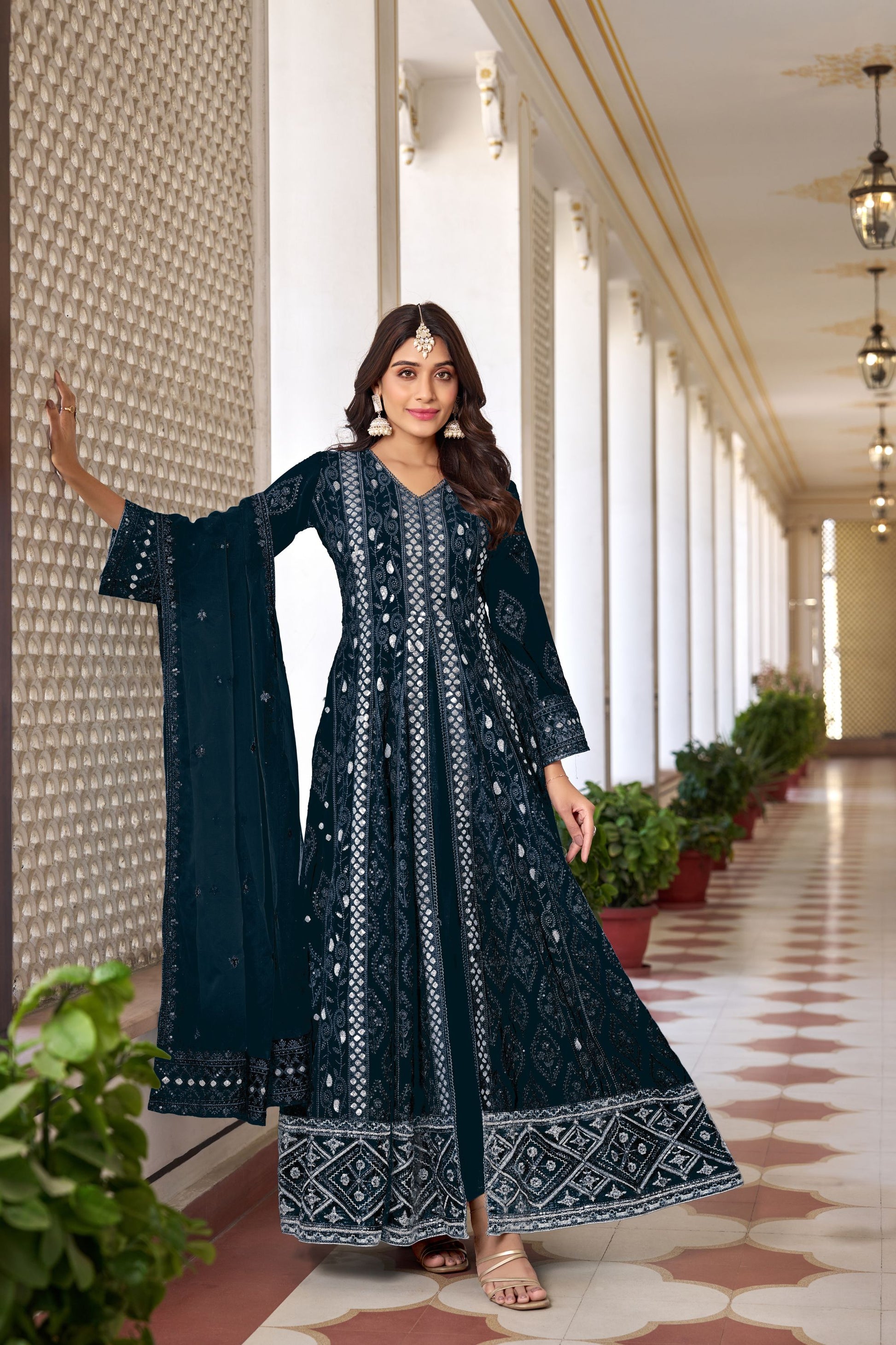 Navy Blue Colored Heavy Georgette Salwar kameez, Dull Santoon Bottom With Organza Dupatta - Marriott Fashion