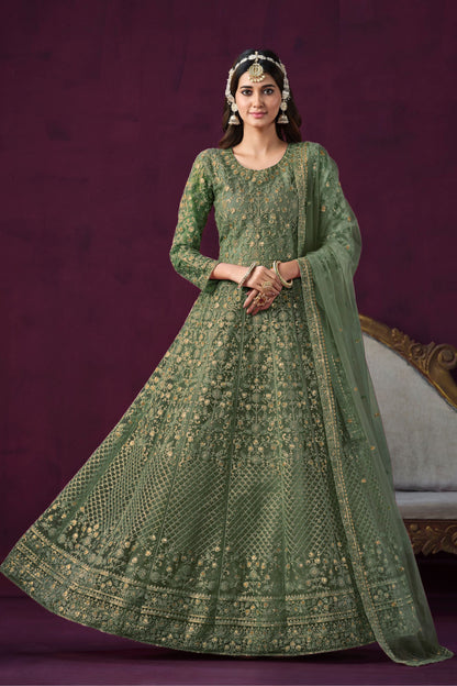 Green Heavy Net Embroidery Worked Pakistani Festival & Wedding Wear Anarkali Gown