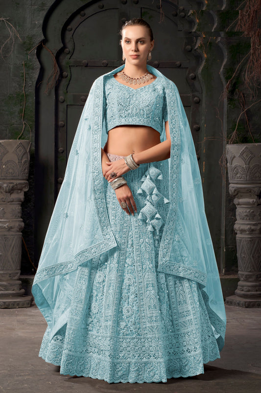 Sky Blue Colored Fancy Lehenga Choli With Embroidery And Diamond Worked Dupatta, Wedding Wear Lehenga Choli - Marriott Fashion