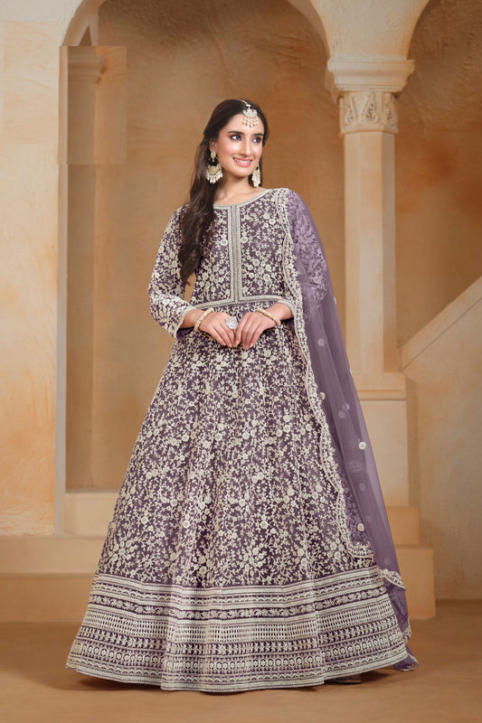 Bridal Wear Purple Colored Heavy Net Anarkali Gown, Wedding & Reception Outfit Wear Pakistani Salwar Kameez - Marriott Fashion