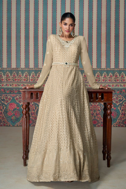 Cream Real Georgette Heavy Sequence Worked Indian Wedding & Festival Wear Anarkali Gown